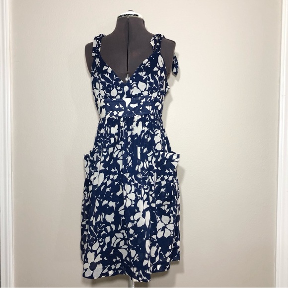 American Eagle Cotton Blue Ivory Flowy Skirt Pockets Floral Straps Lined Dress 6 - Picture 3 of 13